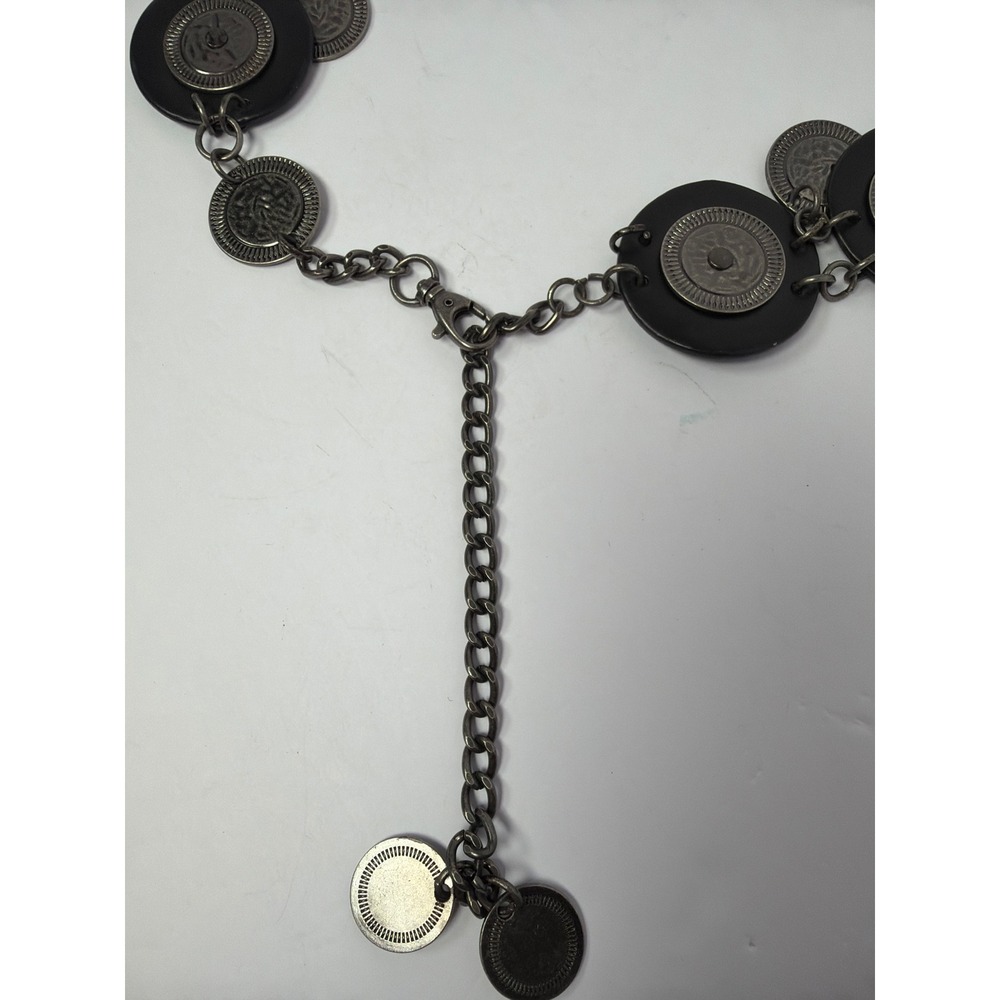 Vintage Boho Black Silver Coin Chain Belt Western Medallion Statement Adjustable - Picture 4 of 4